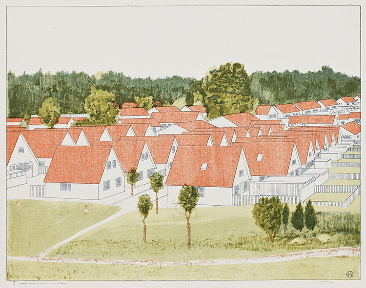 Lars Hellström, Panorama över villataken, litografi, tidigt 1970-tal. Foto Pär Fredin