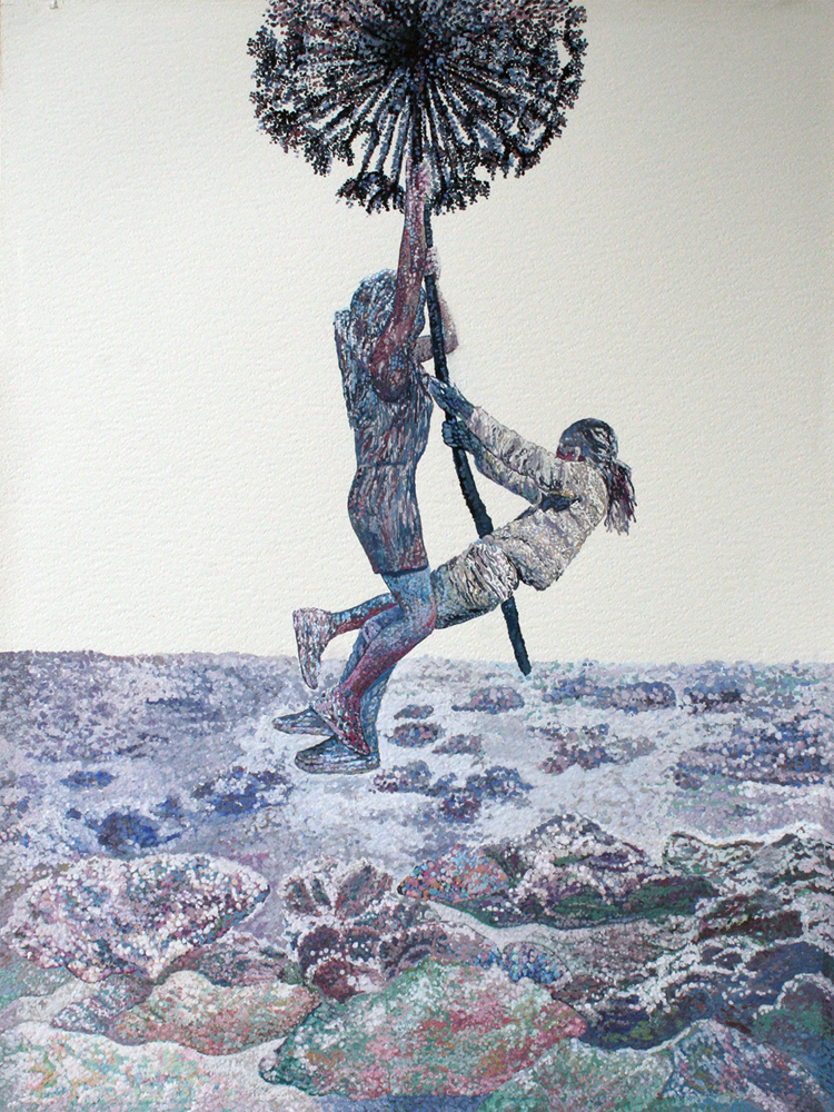 Två människor håller fast vid en gigantisk överblommad maskros.