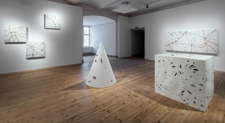 Vit kon med skotthål i förgrund, sönderskjunta katelplattor på vägg