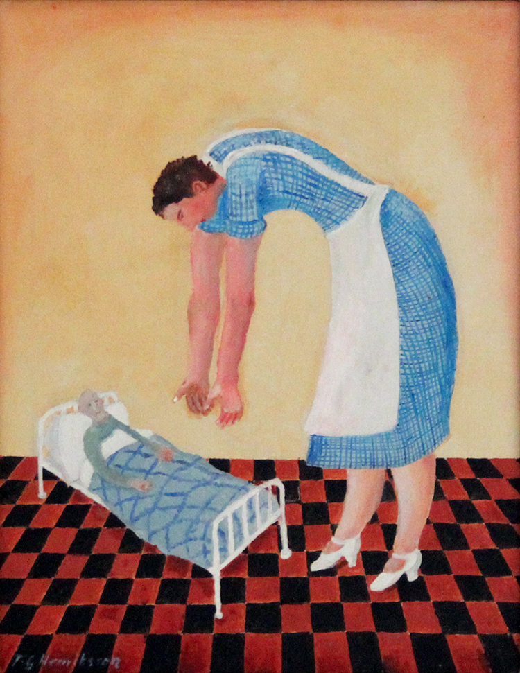 Målning av Tor-Göran Henriksson med en sköterska som böjer sig över en patient liggandes i sjuksängen.
