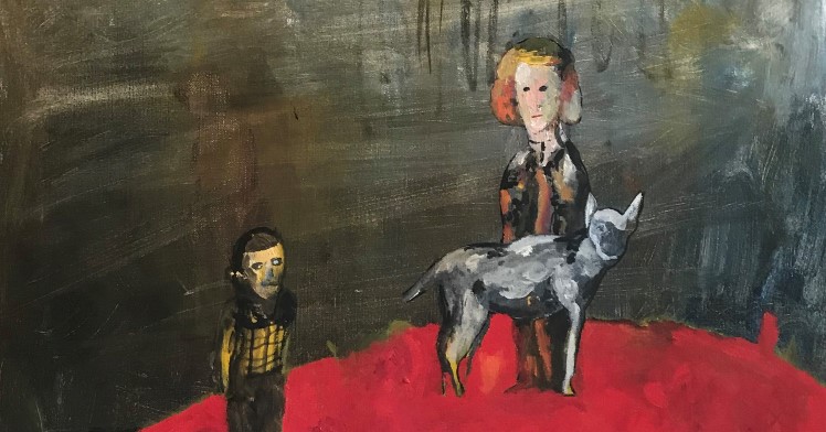 Målning föreställande en person med en hund och en annan varelse