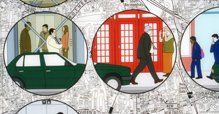Illustration av människor och en bil i cirklar, i bakgrunden en karta Illustration av människor och en bil i cirklar, i bakgrunden en karta